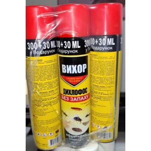 Изображение товара -  Дихлофос універсальний “Вихор“ без запаха жовтий 300+30мл (12шт/48ящ)