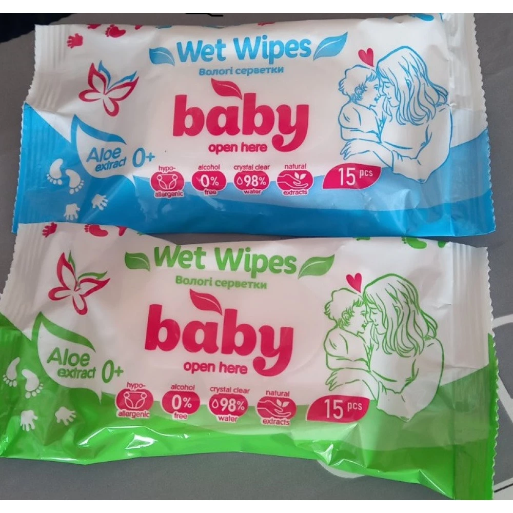 Волога серветка “Baby“ 15 л. ящ.180 шт. Персик ящ.-180 шт./Диня ящ.-50 шт.