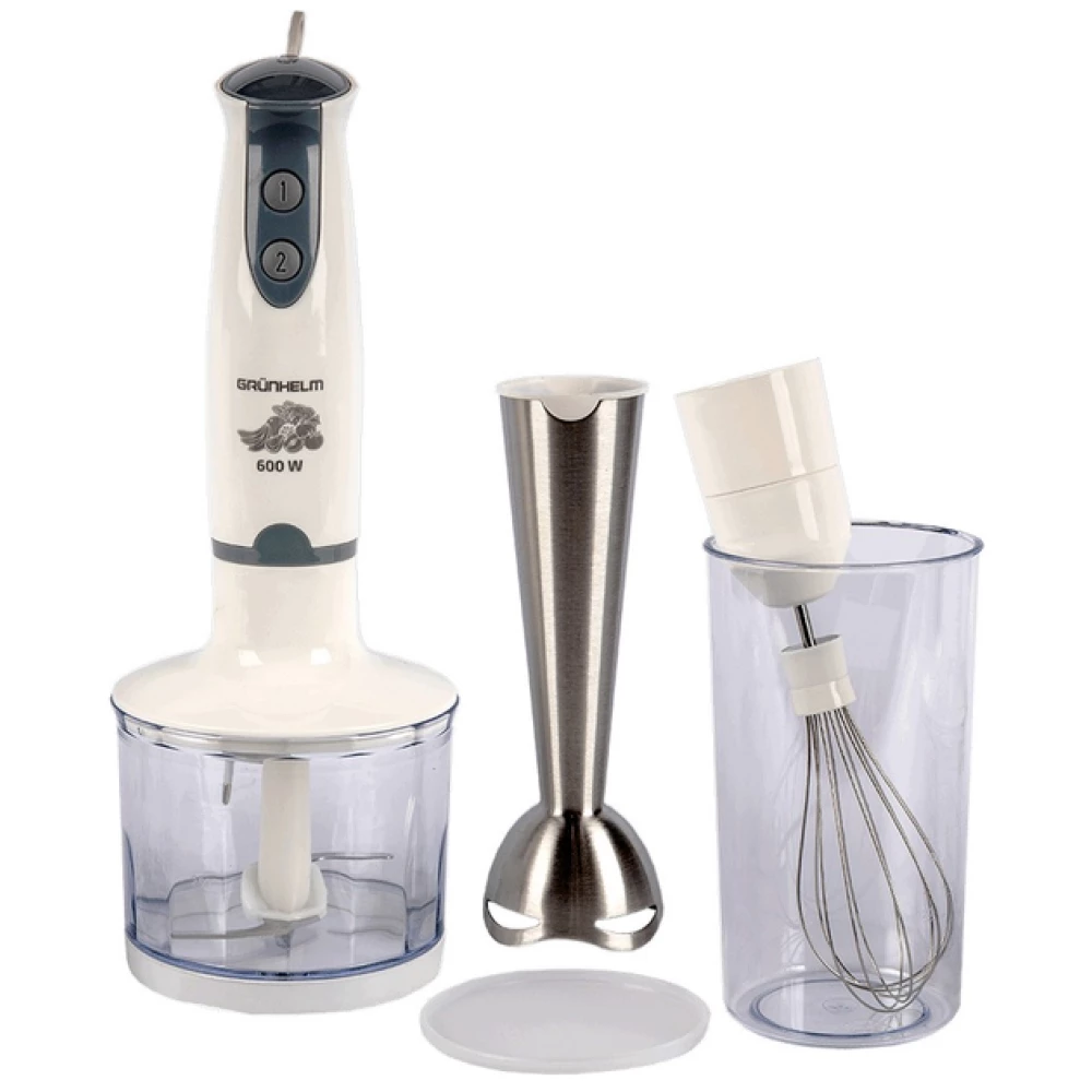 Блендерний набір GRUNHELM EBS-600SS, 600 Вт, 2 швидкості, чаша, стакан, вінчик, металева насадка бле