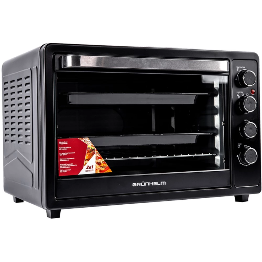 Піч електрична GRUNHELM GN63CВ (черный) 63л, 2200 Вт з конвекцією+2 прямокутних дека