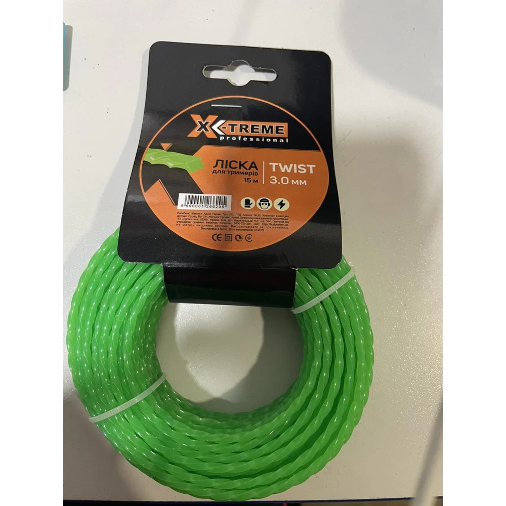 Ліска до мотокоси X-TREME 3,0мм*15мTwist (кручений квадрат, картон, діаметр 3,0мм, довжина 15мзелена