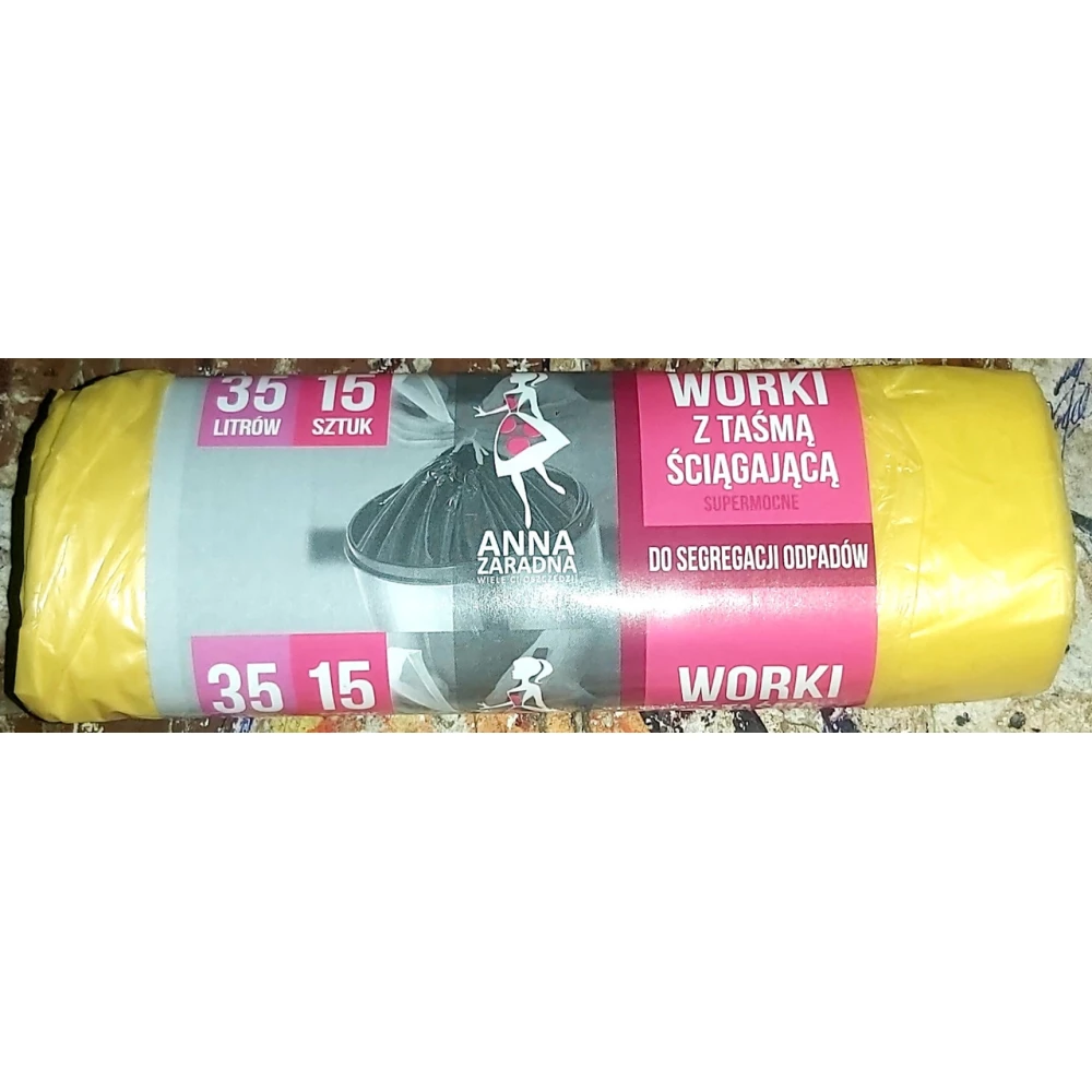 Сміттєві пакети 35л 15шт з ЗАТЯЖКАМИ, жовті “Anna Zaradna“