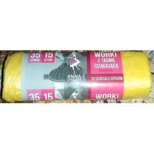 Изображение товара -  Сміттєві пакети 35л 15шт з ЗАТЯЖКАМИ, жовті “Anna Zaradna“