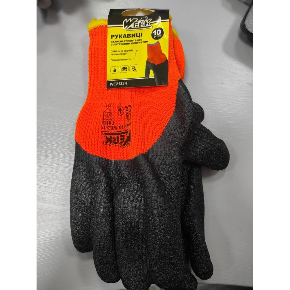 Рукавички поліестер помаранчові з чорн латекс покрит утеплені ВЕРК WE2133H уп.12пар.