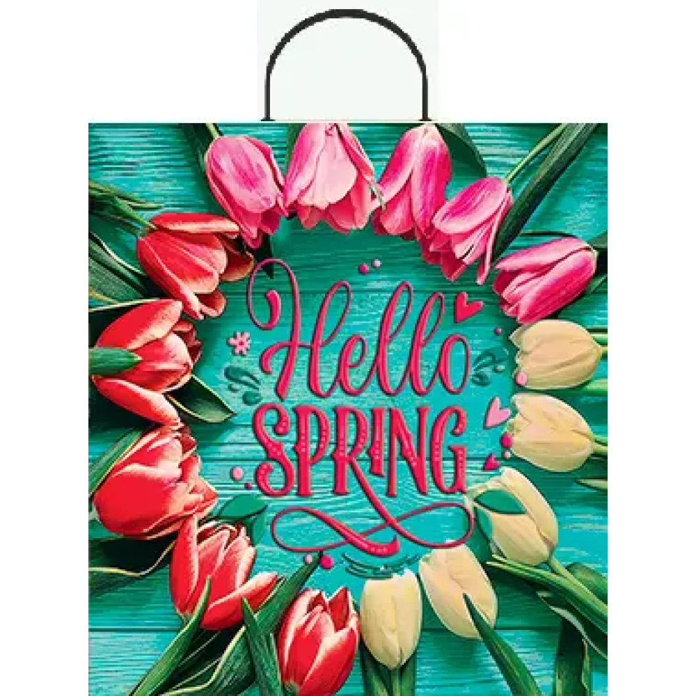 Пластмасова ручка пакет Привіт Весна Hello Spring 39*38см.75мкм , спайка 25шт. міш.100шт.