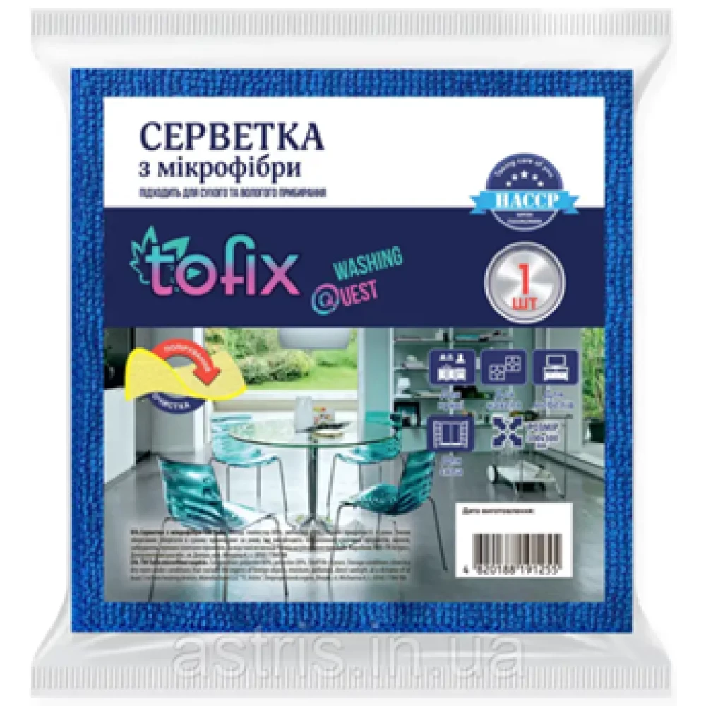 Серветка мікрофібра універсальна 1 шт., ТМ “Tofix“ (30*30), ящ.-100шт.