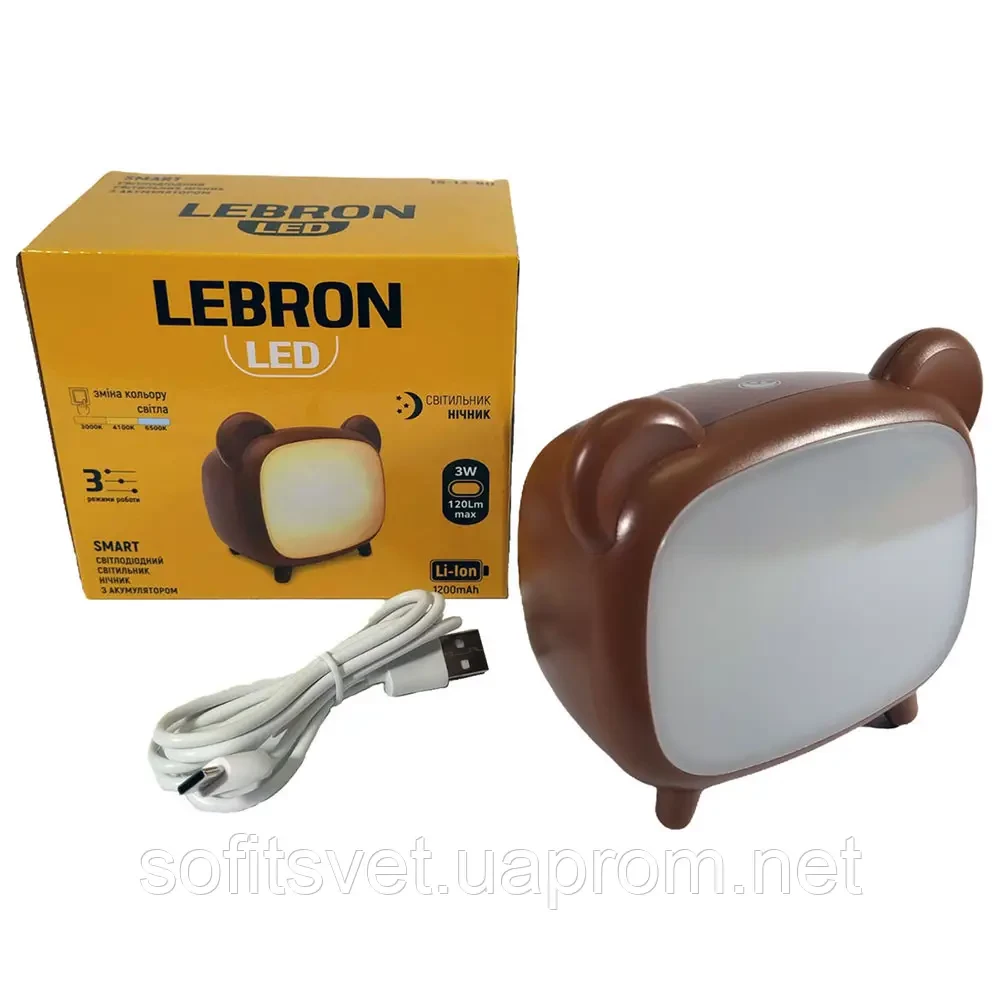 Світильник нічник LED Lebron L-ТL-L-80, 3W, 3000-6500k, Lition, 1200mAh, коричн, USB 15-13-80
