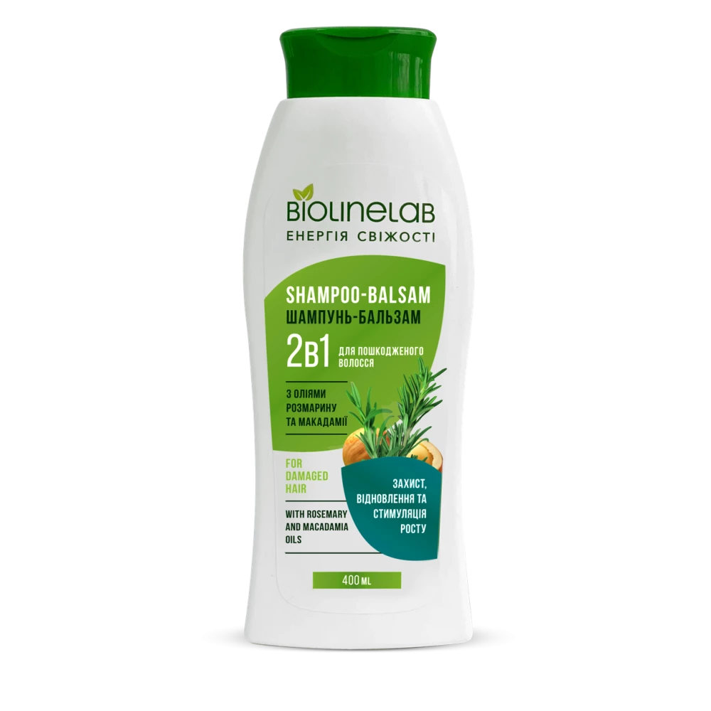 Шампунь-бальзам 2в1 “Захист, відновлення та стимуляція росту“ з оліями розмарину та макадамії, 400 м