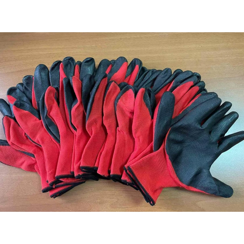 Рукавички трикотажні поліестер черв колір Латекс покриття чорн. оверлок  WE2110.