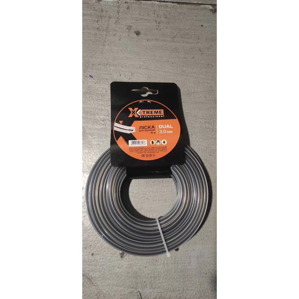 Ліска до мотокоси X-TREME 3,0мм*15м Dual,Квадрат з сердечником, діаметр 3,0мм, довжина 15м.сіра