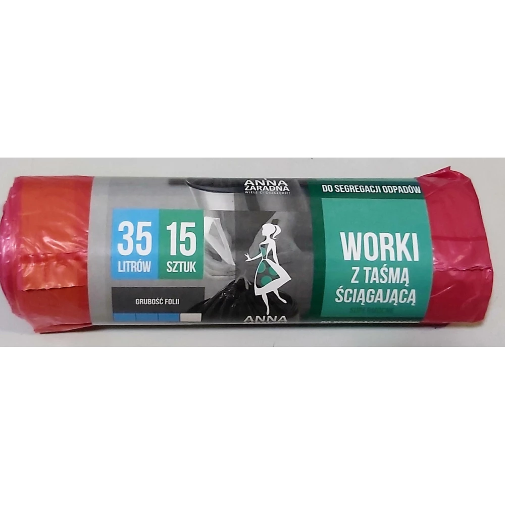 Сміттєві пакети 35л 15шт з ЗАТЯЖКАМИ, червоні “Anna Zaradna“