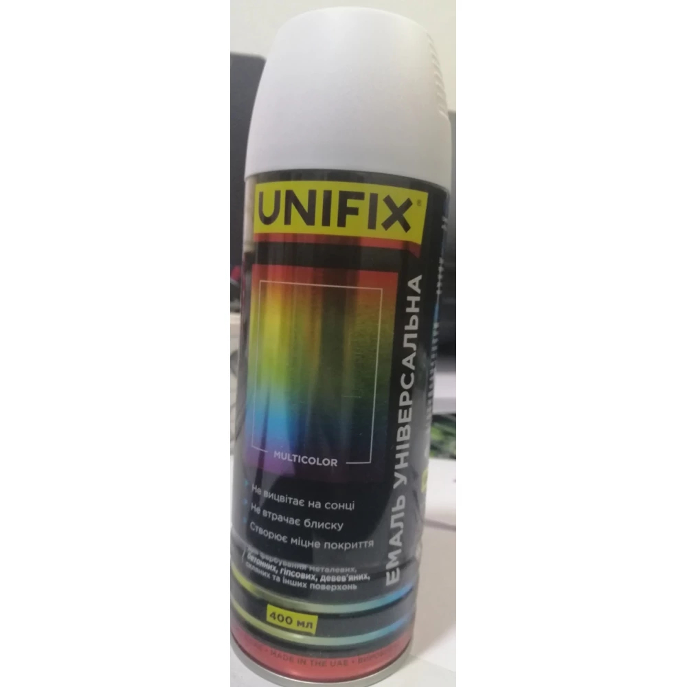Емаль універсальна акрилова RAL 9003 Білий гл.400мл.UNIFIX