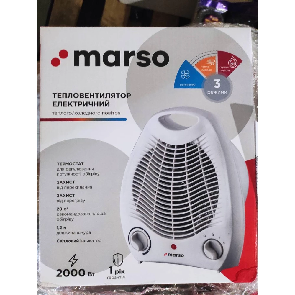 Тепловентилятор Marso M-501В 1000/2000W, термостат, 20 м3, 3реж.антиперекид