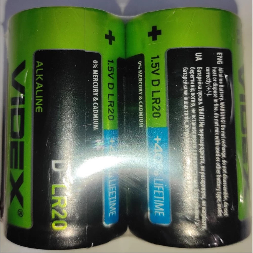 Батарейка VIDEX зелений. LR-20 Alkaline, пач.-12шт.